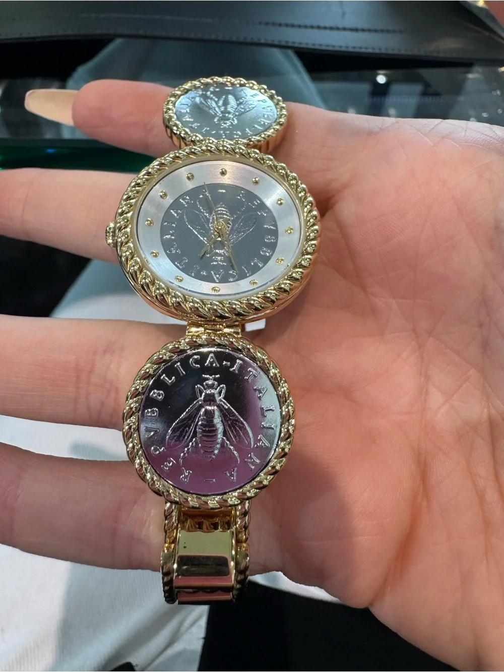 Bellezza 2-Lira Italian Bee Coin Tri-Tone Medallion Dress Watch
